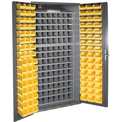Small Parts Storage & Security Cabinet with 112 Steel Pigeon Hole Bins & 96 Hook-On-Bins (Flush Door Style)