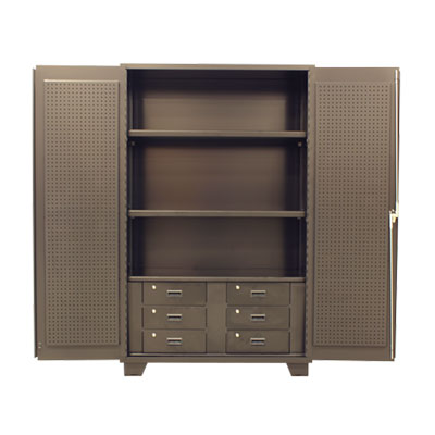 Model GV, 14 Gauge Bin Cabinet with Shelves, Drawers & Solid Doors with Pegboards - 48"W x 24"D x 78"H