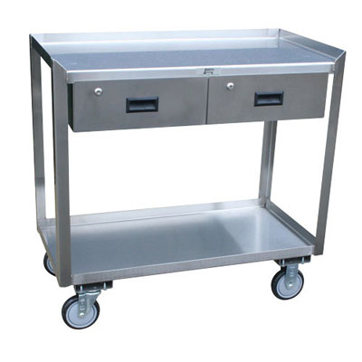 Stainless Steel Mobile Work Stand w/ 2 Shelves, 2 Drawers, Steel Rigs & 5' Urethane Casters, 18' Deep