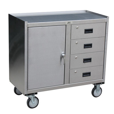 Stainless Steel Mobile Cabinet w/ 1 Door, 4 Drawers, Steel Rigs & 5' Urethane Casters, 24' Deep