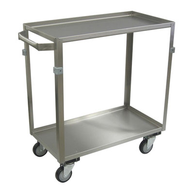 Medium Duty 2 Shelf Stainless Steel Utility Cart w/ Standard Handle, Lips up, Steel Rigs, & 4' Thermorubber Casters, 16' Wide
