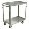 Medium Duty 2 Shelf Stainless Steel Utility Cart w/ Standard Handle, 3 Lips up & 1 Down, Steel Rigs, & 4' Thermorubber Casters, 16' Wide