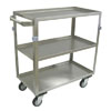 Medium Duty 3 Shelf Stainless Steel Utility Cart w/ Standard Handle, Lips up, Steel Rigs, & 4' Thermorubber Casters, 22' Wide