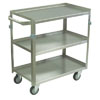 Medium Duty 3 Shelf Stainless Steel Utility Cart w/ Standard Handle, 3 Lips up & 1 Down, Steel Rigs, & 4' Thermorubber Casters, 22' Wide