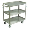 ZJ130 - Medium Duty 3 Shelf Stainless Steel Utility Cart w/ Standard Handle, 3 Lips Up & 1 Down, Steel Rigs & 4" Thermorubber Casters, 16" Wide