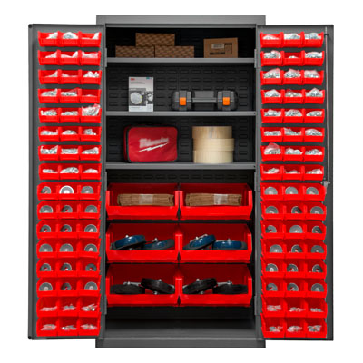 14 Gauge Cabinet with 3 Shelves & 102 Hook-On Bins - 36"W x 24"D x 72"H