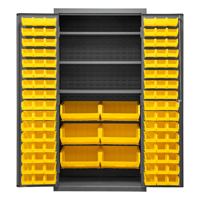 14 Gauge Cabinet with 3 Shelves & 102 Hook-On Bins - 36"W x 24"D x 72"H