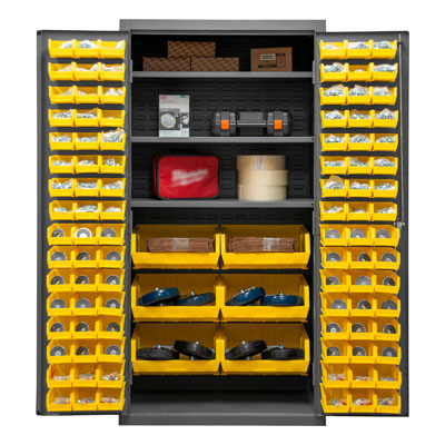 14 Gauge Cabinet with 3 Shelves & 102 Hook-On Bins - 36"W x 24"D x 72"H