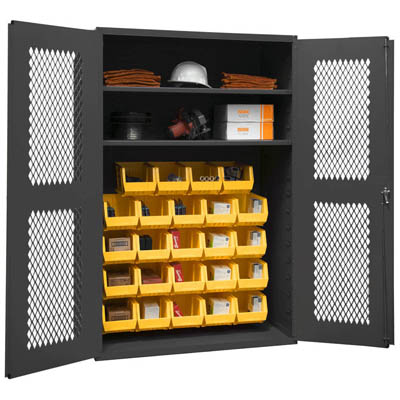 14 Gauge Cabinet with Ventilated Doors, 24 Hook-On Bins & 2 Shelves - 48'W x 18'D x 72'H