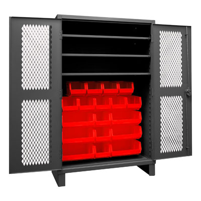 12 Gauge Cabinet with Ventilated Doors, 18 Hook-On Bins & 3 Shelves 