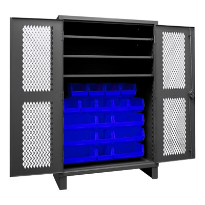 12 Gauge Cabinet with Ventilated Doors, 18 Hook-On Bins & 3 Shelves 