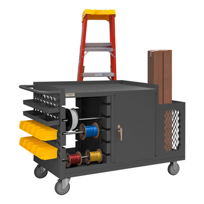 Mobile Wire Spool and Maintenance Cart w/ 5 Rods, Louvered Panel Side, Cabinet Space, and Ladder Hanger