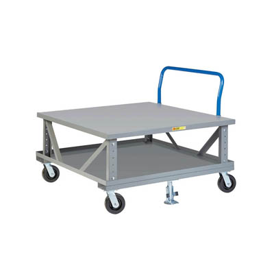 Ergonomic Adjustable Height Mobile Pallet Stand w/ Solid Deck, Full Lower Shelf, and Handle