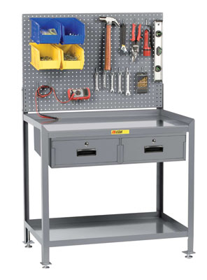 Stationary Steel Workstation, 2 Drawers, Pegboard or Louvered Panel