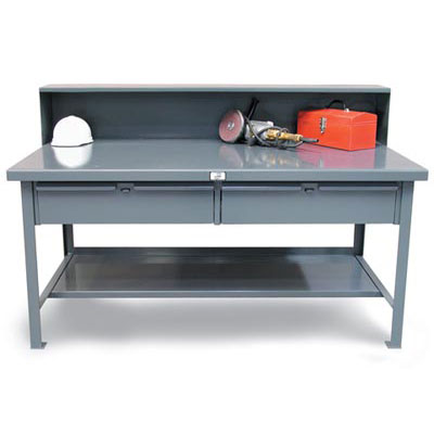 T7236-RS-2DB, Industrial Shop Table With 2 Drawers And Riser Shelf