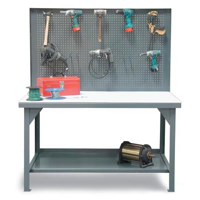 Industrial Shop Table With Pegboard Back Wall