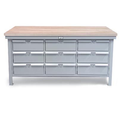 T7236-9DB-MT, Industrial Shop Table with Maple Top and 9 Padlock Lockable Drawers