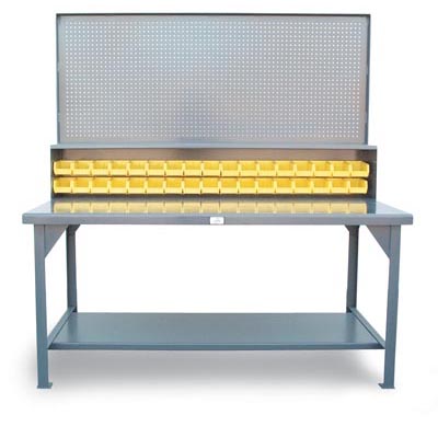 T7236-34B-PB, Industrial Shop Table With Pegboard Back Wall And Bins